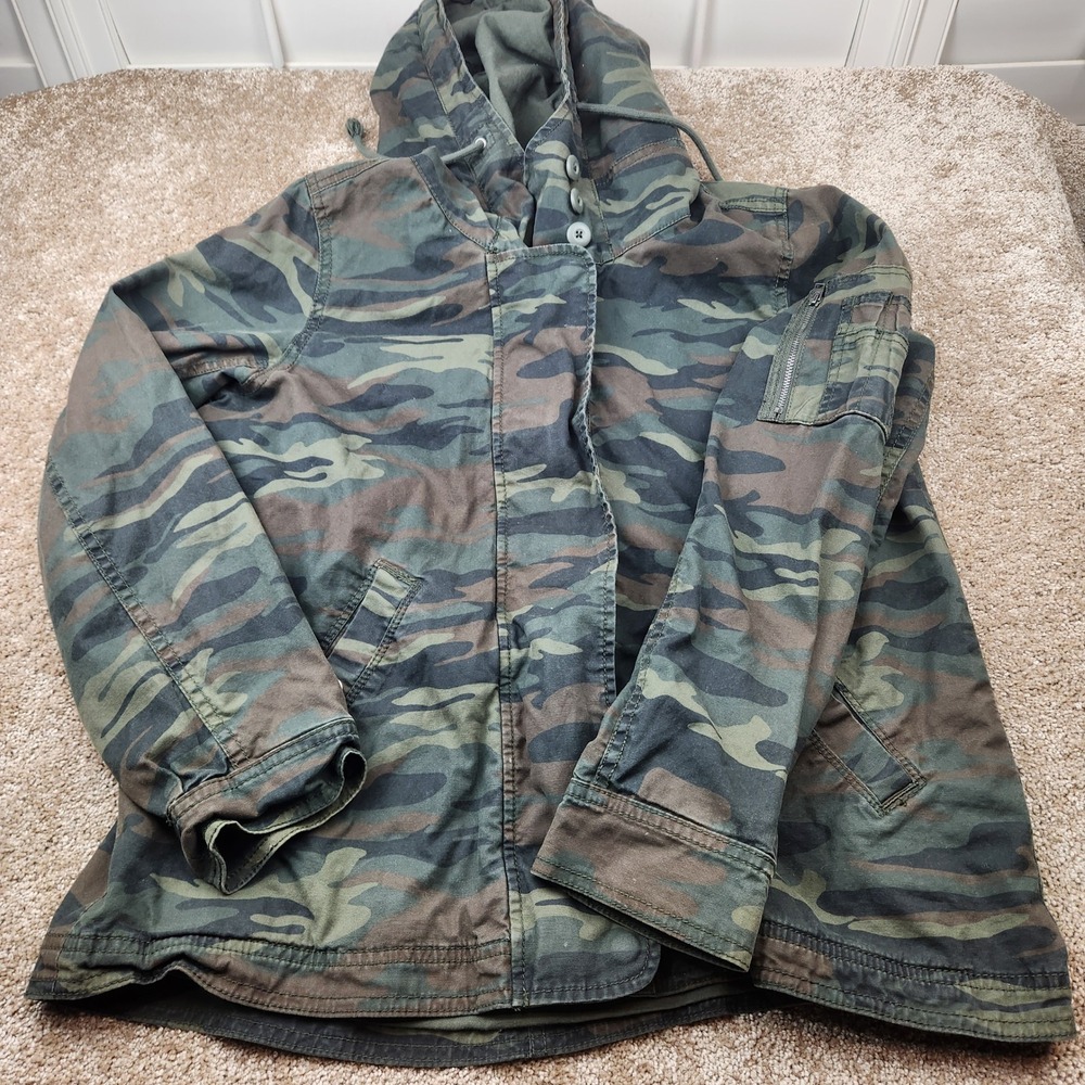 American Eagle Camo Field Jacket Womens Large Hooded Floral Love Embroidered L